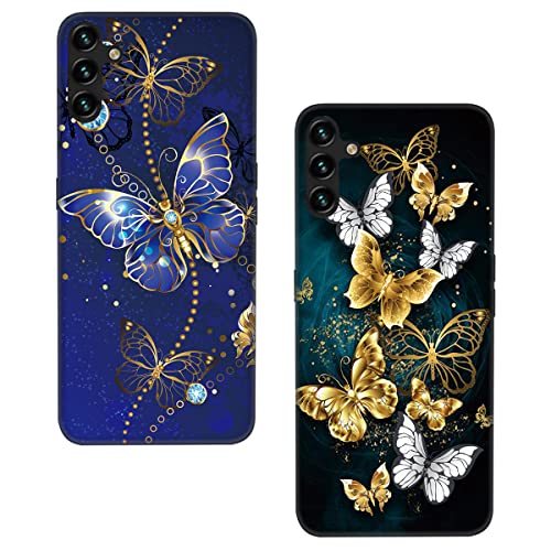 Lonrapa 2 Stück Hülle für Samsung Galaxy A35 5G Silikon Handyhülle Weiche TPU Bumper Anti-Kratzer Stoßfeste Schutzhülle Süßes Motiv Schwarz Case Cover für Galaxy A35 5G - Blau/Goldener Schmetterling von Lonrapa
