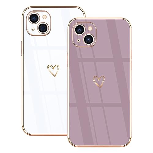 Lonrapa 2 Stück Silikon Hülle für iPhone 15 Plus Handyhülle Süße Herz Muster Motiv Case für Mädchen Frauen Farbe Galvanisierte TPU Bumper Stoßfest Schutzhülle iPhone 15 Plus Phone Cover - Weiß & Lila von Lonrapa