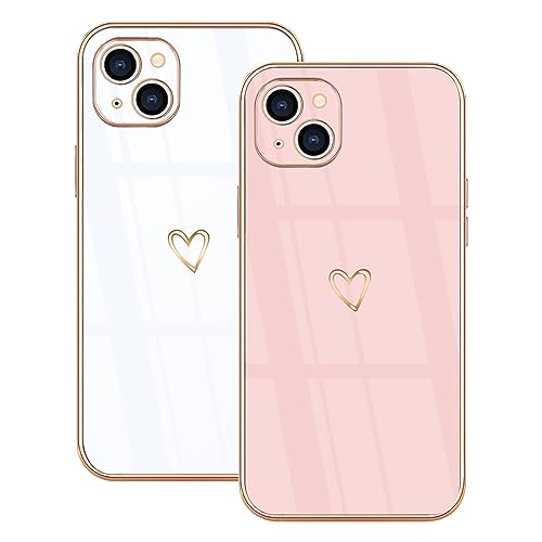 Lonrapa 2 Stück Silikon Hülle für iPhone 15 Plus Handyhülle Süße Herz Muster Motiv Case für Mädchen Frauen Farbe Galvanisierte TPU Bumper Stoßfest Schutzhülle iPhone 15 Plus Phone Cover - Weiß & Rosa von Lonrapa