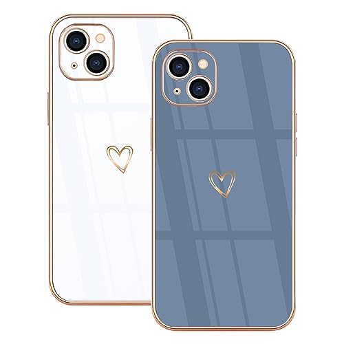 Lonrapa 2 Stück iPhone 14 Plus Handyhülle Süße Herz Muster Motiv Hülle für Mädchen Frauen Farbe Galvanisierte Weich TPU Bumper Silikon Stoßfest Schutzhülle iPhone 14 Plus Case Cover - Weiß & Blau von Lonrapa