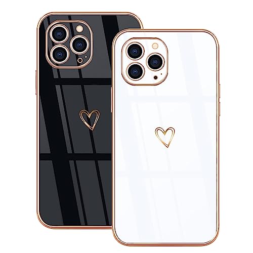 Lonrapa 2 Stück iPhone 14 Pro Max Handyhülle Gold Herz Muster Motiv Hülle für Mädchen Frauen Galvanisierte Weich TPU Silikon Stoßfest Bumper Schutzhülle iPhone 14 Pro Max Case Cover - Schwarz & Weiß von Lonrapa