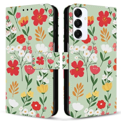 Lonrapa Handyhülle für Samsung Galaxy A16 5G Hülle Bunt Muster Design Schutzhülle PU Leder Wallet Flip Case Full Cover Handytasche Standfunktion Stoßfest Klapphülle für Galaxy A16 4G - Grün Rot Blumen von Lonrapa