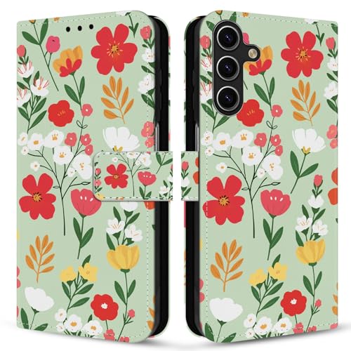 Lonrapa Handyhülle für Samsung Galaxy A55 5G Hülle Bunt Muster Design Lederhülle Tasche Flip Case Cover Handytasche Standfunktion Stoßfest Klapphülle Schutzhülle für Galaxy A55 5G - Grün Rot Blumen von Lonrapa