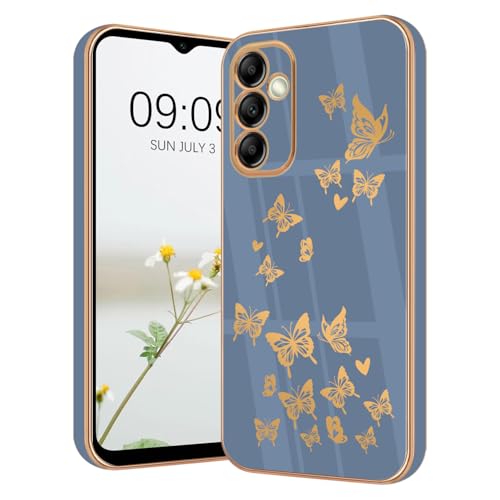 Lonrapa Hülle für Samsung Galaxy A14 5G Handyhülle Gold Schmetterling Muster Herz Motiv Silikon Hülle Farbe Galvanisierte Dünn Fallschutz Phone Case Cover Stoßfest Schutzhülle für Galaxy A14 4G - Blau von Lonrapa