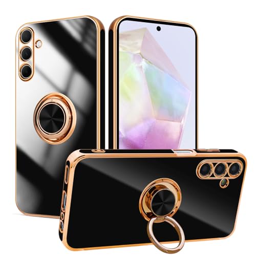 Lonrapa Hülle für Samsung Galaxy A16 5G mit Drehbarer Ring Ständer Magnetische Silikon Handyhülle Luxuriöses Gold Edge Design Fallschutz Case Cover Stoßfest Schutzhülle für Galaxy A16 4G - Schwarz von Lonrapa