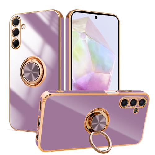 Lonrapa Hülle für Samsung Galaxy S24 FE 5G mit Drehbarer Ring Ständer Magnetische Silikon Handyhülle Design Fallschutz Case Cover Stoßfest Schutzhülle für Galaxy S24 FE 5G - Kirschblüte Violett von Lonrapa