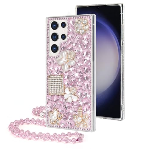 Losin Kompatibel mit Galaxy S25 Ultra Bling Hülle Luxus 3D Diamant Kristall Strass Glänzende Edelstein Parfümflasche und Blume Hülle für Frauen Mädchen Glitzer Sparkle Kette Lanyard Strap Rosa von Losin