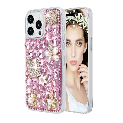 Losin Kompatibel mit iPhone 16 Pro Bling Hülle für Frauen Mädchen Niedlich Luxus 3D Glitzer Diamant Kristall Strass Sparkle Glänzende Edelstein Parfümflasche und Blume Cover Weiche TPU Bumper Rosa von Losin