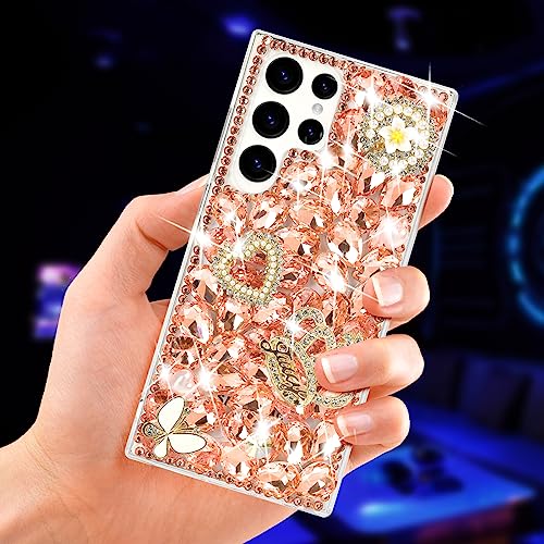 Losin Schutzhülle für Galaxy S25 Plus, Glitzer, luxuriös, 3D-Glitzer, Kristall, Strass, Handyhülle, niedliches 3D-Herz, Krone, Blume und Schmetterling, Edelstein für Galaxy S25 Plus, Roségold von Losin