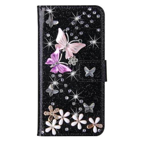 Losin Schutzhülle für iPhone 16, mit Kartenfächern, luxuriös, 3D-Glitzer, Strass, Schmetterling, Blumen, Design für Damen und Mädchen, funkelnd, glänzend, PU-Leder, Ständer von Losin