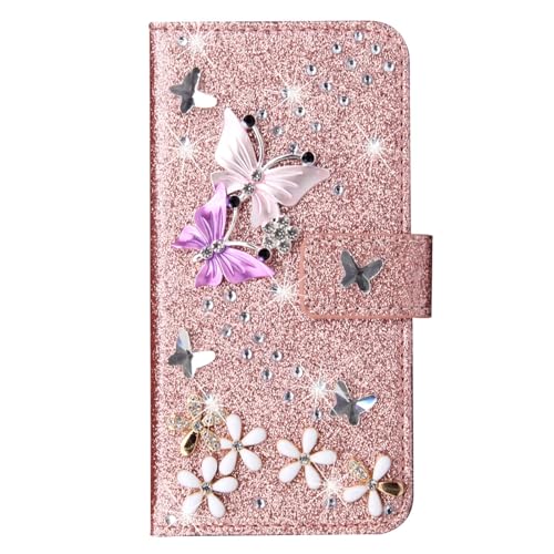 Losin Schutzhülle für iPhone 16 Pro, Brieftaschen-Schutzhülle mit Kartenfächern, luxuriös, 3D-Glitzer, Strass, Schmetterling, Blumen, Design für Damen und Mädchen, funkelnd, glänzend, PU-Leder, von Losin