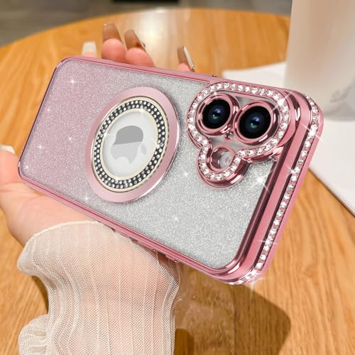 Losin für iPhone 16 Plus Magnetische Glitzer Hülle Kompatibel mit MagSafe Luxus Bling Strass Hülle mit Logo View Clear Plating Sparkle Diamond und Kamera Objektivschutz für Frauen Mädchen Rosa von Losin