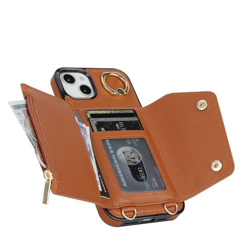 Lovsen Schräggurt 4-in-1-Wallet-Gehäuse für iPhone 15plus Schutzhülle mit Kartenklammer, 360-Grad-Drehring-Zweiweghalter und Leder-Wallet-Schutzhülle mit Reißverschluss. von Lovsen