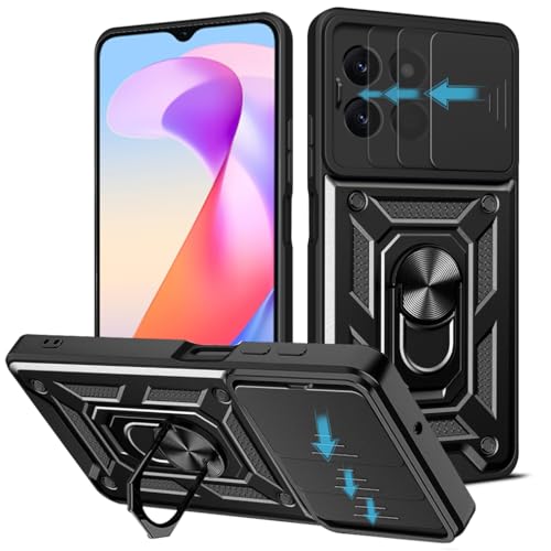 Loyhee Hülle für Honor X6a (6.56"), Kameraschutz Handyhülle mit 360 Grad Ring Ständer Weich TPU Bumper Stoßfest + Hart PC Rückseite Kratzfest Tough Armor Schutzhülle - Schwarz von Loyhee