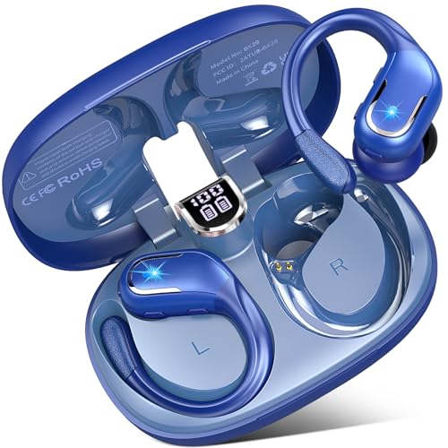 Bluetooth Kopfhörer Sport, 75Std Kopfhörer Kabellos Bluetooth 5.3 mit Mic Tiefer Bass, Kopfhörer Bluetooth in Ear LED-Anzeige/IP7 Wasserdich Earbuds,2024 ENC Ohrhörer mit Ohrhaken für iOS Android Blau von Ltinist