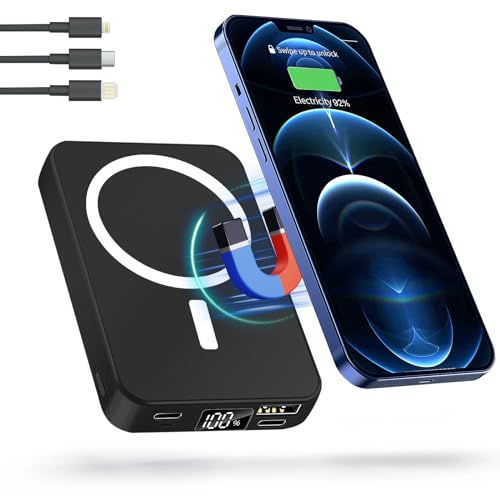 LuLuanping Wireless Powerbank 10000mAh, Magnetische Power Bank mit Typ-C Kabel PD 20W Schnellladen Mini Mag-Safe AkkuPack für iPhone 15/14/13/12/Mini/Pro/Pro Max (Schwarz) von LuLuanping