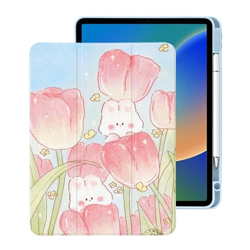 Cute Kawaii Bunny Flower for iPad 10th Generation Case 10.9 Inch 2022 with Pencil Holder, Auto Sleep/Wake, Blue Leather Clear Acrylic Back Cover von LuminousGuard