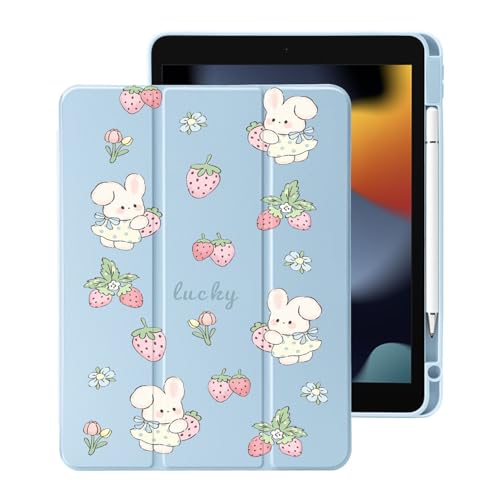 Cute Kawaii Bunny Strawberry for iPad 10th Generation Case 10.9 Inch 2022 with Pencil Holder, Auto Sleep/Wake, Blue Leather Clear Acrylic Back Cover von LuminousGuard