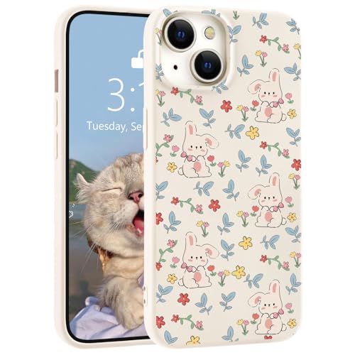 LuminousGuard Schutzhülle für iPhone 15, süßes Kawaii-Häschen, Blumenmuster, Flüssigsilikon, schmale Passform, weiches Gel-Gummi, für Damen und Mädchen, Weiß von LuminousGuard