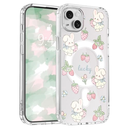 LuminousGuard Schutzhülle für iPhone 15 Plus, kompatibel mit MagSafe, niedliches Kawaii-Häschen, Erdbeere, magnetische Handyhülle, transparent, weich, schlanke Passform, stoßfeste Schutzhülle für von LuminousGuard