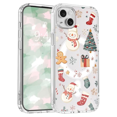 LuminousGuard Schutzhülle für iPhone 16 Plus, kompatibel mit MagSafe, niedlicher Schneemann, Weihnachtsstrumpf, magnetische Handyhülle, transparent, weich, schlanke Passform, stoßfest, Schutzhülle für von LuminousGuard