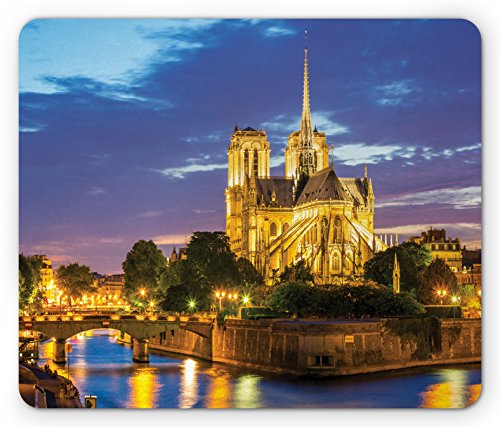 Lunarable Paris Mauspad Notre Dame bei Dämmerung Paris Frankreich Flusslandschaft Wasserreflexion rechteckig rutschfest Gummi Mousepad Standardgröße Braun Gelb von Lunarable