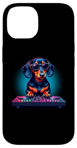 Hülle für iPhone 14 DJ Dachshund Dackel DJ mit Kopfhörer Mischpult Hundebesitzer von Lustige Hunde Haustiere Vierbeiner Hundeliebhaber