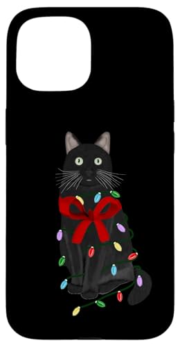 Hülle für iPhone 15 Lustige Schwarze Katze Lichterkette Katzenliebhaber Kätzchen von Lustige Katzen Illustration