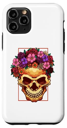 Hülle für iPhone 11 Pro Vintager Blumenschädel blühender Blumen-Halloween-Schädel von Lustiges Totenkopf-Halloween-Skelett für Frauen