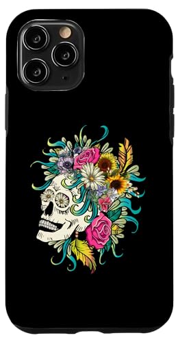 Hülle für iPhone 11 Pro Vintager Blumenschädel und blühender Blumen-Halloween von Lustiges Totenkopf-Halloween-Skelett für Frauen