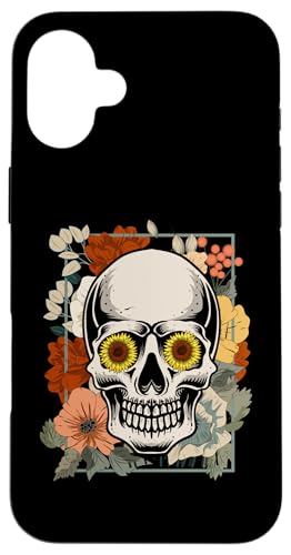 Hülle für iPhone 16 Plus Vintager Blumenschädel blühender Blumen-Halloween-Schädel von Lustiges Totenkopf-Halloween-Skelett für Frauen