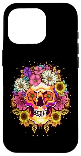 Hülle für iPhone 16 Pro Halloween-Schädel Vintage Blumenschädel und blühende Blumen von Lustiges Totenkopf-Halloween-Skelett für Frauen