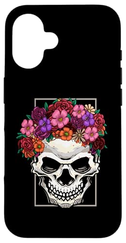 Hülle für iPhone 16 Vintager Blumenschädel und blühender Blumen-Halloween von Lustiges Totenkopf-Halloween-Skelett für Frauen