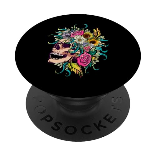 Vintager Blumenschädel blühender Blumen-Halloween-Schädel PopSockets Klebender PopGrip von Lustiges Totenkopf-Halloween-Skelett für Frauen