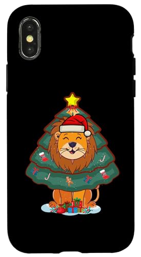 Hülle für iPhone X/XS Weihnachtsbeleuchtung, Löwe, Weihnachtsbaum, Weihnachtsmann von Lustiges Weihnachtstier für Frauen