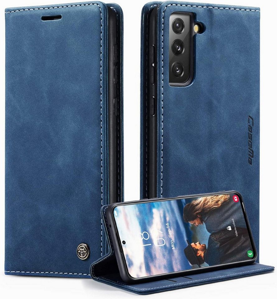 LuxusKollektion Handyhülle Handyhülle Samsung Galaxy S21 FE 5G Leder Klapphülle Magnet Stand Blau von LuxusKollektion