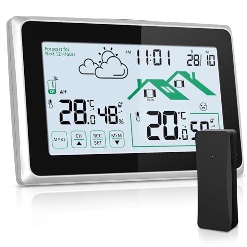 Wetterstation Funk mit Außensensor, Funkwetterstation für Temperatur und Feuchtigkeitsüberwachung Innen/Außen mit Wettervorhersage, Thermometer, DCF Funkuhr und LCD Touchscreen von Lvelfe