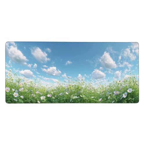 Gaming Mauspad XXL Groß （1000 x 500 x 3 mm） Weiße Wolkenblumen Und Gras Mauspad Rutschfeste Gummibasis, Wassxerdicht Anti-Rutsch Verbessert Präzision Und Geschwindigkei, Für Home Office Computer S0757 von Lzonge