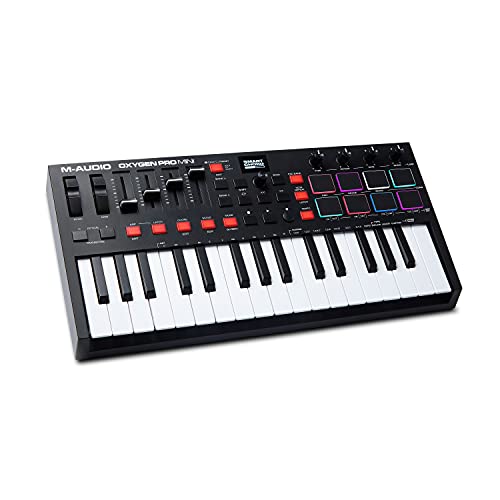 M-Audio Oxygen Pro Mini – 32-Tasten USB MIDI Keyboard Controller mit Beat Pads, MIDI-zuweisbaren Reglern, Tasten & Fadern, Softwarepaket inklusive von M-Audio