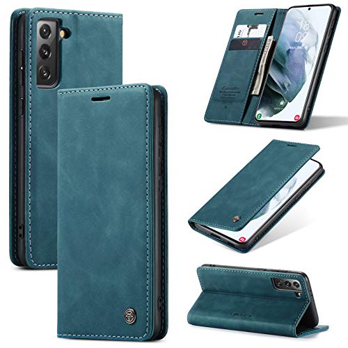 M CASEME UEEBAI Lederhülle für Samsung Galaxy S21, Retro Matte Handyhülle PU Lederhülle Weich TPU Klapphülle mit Kartenfach Standfunktion Magnetverschluss Flip Case Handytasche - Blau von M CASEME