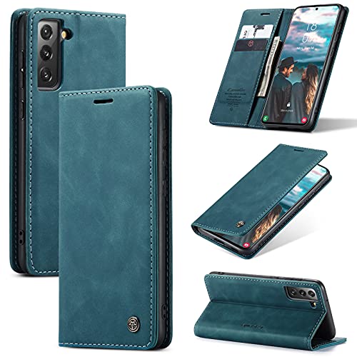 M CASEME UEEBAI Lederhülle für Samsung Galaxy S21 FE 5G, Retro Matte Handyhülle PU Lederhülle Weich TPU Klapphülle mit Kartenfach Standfunktion Magnetverschluss Flip Case Handytasche - Blau von M CASEME