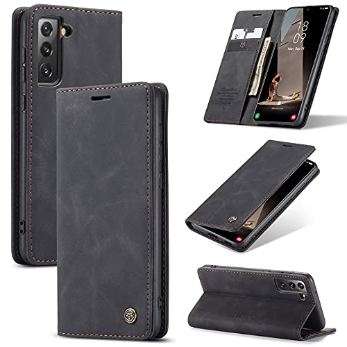 M CASEME UEEBAI Lederhülle für Samsung Galaxy S21 FE 5G, Retro Matte Handyhülle PU Lederhülle Weich TPU Klapphülle mit Kartenfach Standfunktion Magnetverschluss Flip Case Handytasche - Schwarz von M CASEME