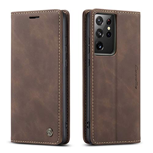 M CASEME UEEBAI Lederhülle für Samsung Galaxy S21 Ultra, Retro Matte Handyhülle PU Lederhülle Weich TPU Klapphülle mit Kartenfach Standfunktion Magnetverschluss Flip Case Handytasche - Kaffee von M CASEME