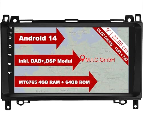 M.I.C. AB9-L2 Android 14 Autoradio mit navi: MT6765V 4G+64G;9" QLED Display;SIM,Carplay,Android Auto,DAB+,BT 5:Ersatz für Mercedes Benz A-Klasse W169 B-Klasse W245 Viano Vito W639 Sprinter VW Crafter von M.I.C.