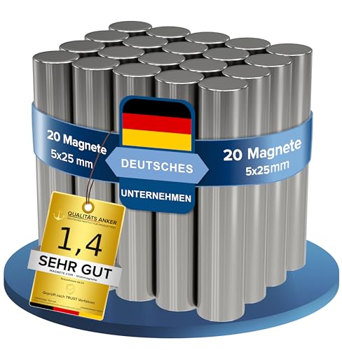 20x Neodym Power Magnet silber - Stabmagnet extra stark lang - Durchmesser 5x25mm lang - starke Magneten Supermagnet - Haftkraft ca. 1 kg - Magnete für Whiteboard, Pinnwand, Magnettafel, Werkstatt von MAGNETE.COM