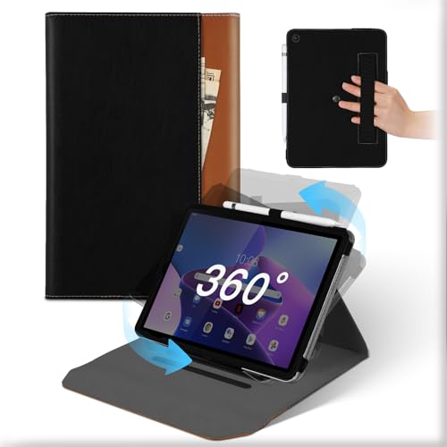 Für Lenovo Tab M10 Plus 3rd Gen 10,61 Zoll 2022 Hülle, 360°Drehbare Abnehmbare Ständer Leder Tablet Case mit Stifthalter, Stoßfeste Auto Schlaf/Aufwach Schützhülle Mit Tasche Schwarz Braun von MAMA MOUTH