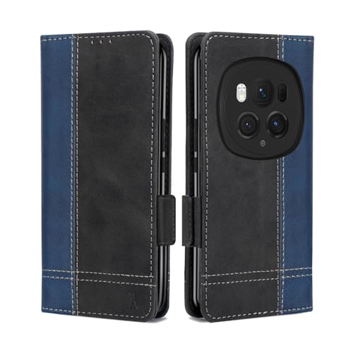 Für Honor Magic 6 Pro Hülle, Magnet Ledertasche Handyhülle, Klapp Leder Kartenfächer Für Honor Magic 6 Pro Schutzhülle, Flip Slim TPU Bumper Silikon Case,Stoßfeste Wallet Cover Blau Schwarz von MAMA MOUTH