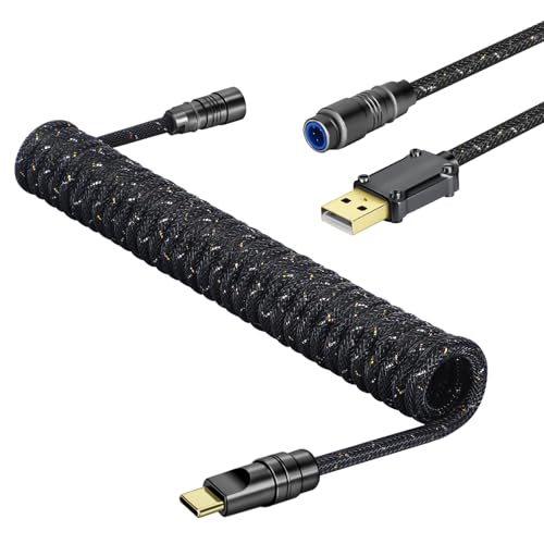 MAMBASNAKE C05 Custom Coiled Aviator USB C-Kabel für Gaming-Tastatur, Braided Nylon, USB-A auf USB-C, Double-Sleeved Spiral Mechanical Tastaturkabel, Abnehmbarem CNC Luftfahrtstecker, 4,92Ft - Schwarz von MAMBASNAKE