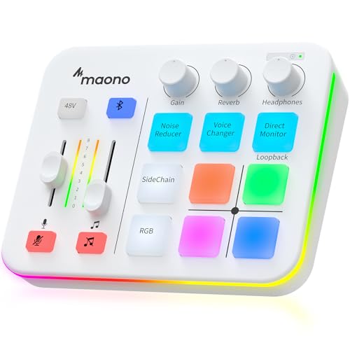 MAONO Gaming Audio Mixer, Streaming RGB PC Mischpult mit XLR Interface, 48V Phantomspeisung, DIY Soundeffekte, Lautstärkeregler, Stummschaltungstaste, Geräuschunterdrückung, Aufnahme, Gesang (Weiß） von MAONO