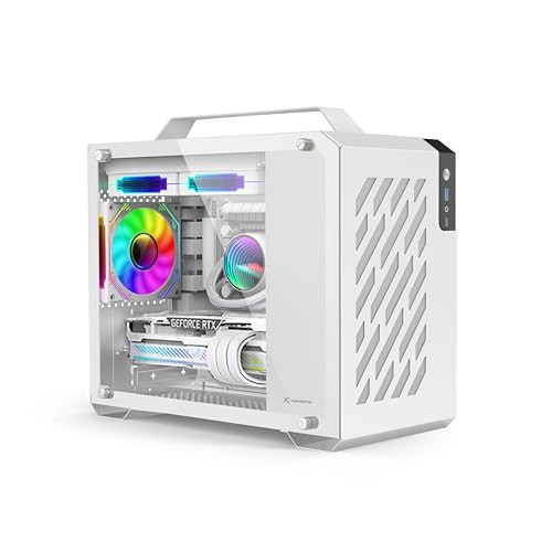 MAQUY Weißes ITX-PC-Gehäuse mit Griff, kein Lüfter im Lieferumfang enthalten, Mini-Tower-Desktop-Computergehäuse für Micro-ATX-Motherboard, tragbares, kleines SFF-Computergehäuse, kompatibel mit 240 von MAQUY